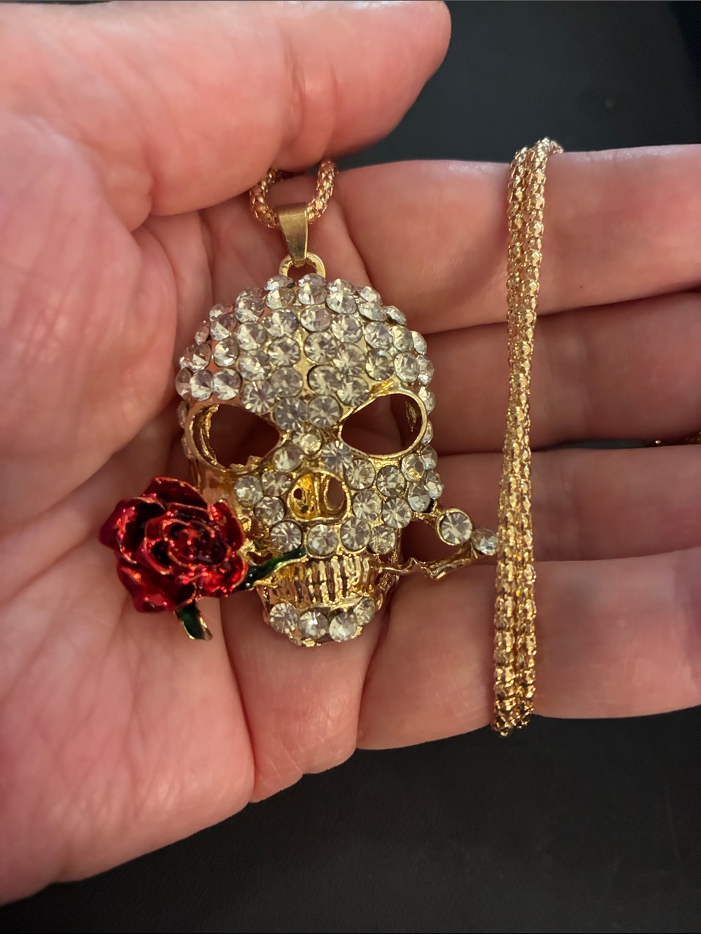 Gold Crystal Skull Pendant Necklace with Red Rose